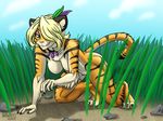  all_fours anthro blonde_hair breasts casual_nudity feline female gloves_(marking) grass hair heresy_(artist) iris_(twokinds) jewelry keidran mammal markings outside seductive stripes tiger twokinds 