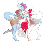  anthro clothed clothing duo female hair horn hybrid open_mouth scalie smile standing teil watermark 