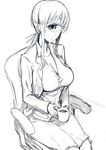  breasts chair cleavage cup cyclops greyscale hair_ribbon highres hitomi_sensei_no_hokenshitsu holding holding_cup large_breasts long_hair looking_at_viewer manaka_hitomi monochrome monster_girl nakamura_regura office_chair one-eyed ponytail ribbon sidelocks sitting sketch skirt smile solo 