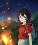  :d absurdres backpack bag black_hair blue_eyes collarbone commentary_request cowboy_shot dot_nose eyebrows_visible_through_hair fire from_side highres hinamori kaban_(kemono_friends) kemono_friends looking_at_viewer no_hat no_headwear open_mouth outdoors red_shirt shirt short_hair short_sleeves shorts sky smile solo spoilers tareme tree wavy_hair wind 
