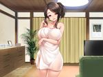  1girl adjusting_hair bare_arms bare_legs bare_shoulders black_eyes black_hair blush breast_hold breasts carpet cleavage couch cowboy_shot curtains eyebrows eyebrows_visible_through_hair hair_up happy highres huge_breasts indoors kateikyoushi_saki_no_okaa-san_to kure_masahiro legs long_hair looking_at_viewer nude open_mouth plant smile solo standing television thighs towel 