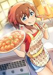  :q ;q apron blue_eyes brown_hair counter denim denim_shorts dutch_angle food head_scarf highres holding holding_plate idolmaster idolmaster_million_live! index_finger_raised indoors kitchen looking_at_viewer mapo_doufu one_eye_closed plate ponytail pot print_apron red_skirt sagamiya_(sgmy777) satake_minako short_sleeves shorts skirt smile solo tile_wall tiles tongue tongue_out v-shaped_eyebrows 