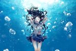  air_bubble arms_up bangs black_hair blue_skirt breasts bubble closed_eyes commentary_request day facing_viewer floating_hair highres long_hair medium_breasts navel open_mouth original reito6 shirt skirt smile solo sunlight thighs underwater white_shirt 