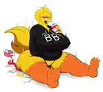 2017 anthro avian beverage big_bird big_breasts big_butt bird bottomless breasts butt clothed clothing death_by_snu_snu digital_media_(artwork) drinking drinking_straw elmo facesitting feathers female food hi_res hoodie huge_breasts huge_butt muppets nipple_bulge overweight partially_clothed sesame_street simple_background soda sssonic2 thick_thighs wide_hips 