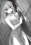  1girl :d blurry blurry_background blush bottle breasts cleavage collarbone cowboy_shot darkness_(konosuba) dress dust_particles eyebrows_visible_through_hair floating_hair frilled_dress frills greyscale hair_between_eyes highres holding holding_bottle indoors kono_subarashii_sekai_ni_shukufuku_wo! long_hair medium_breasts mishima_kurone monochrome no_panties novel_illustration official_art open_mouth side_slit sleeveless sleeveless_dress smile solo standing 