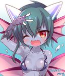  ;d bikini_top black_skin blue_hair blush breasts collarbone demon_girl demon_horns fang frost_demon_(p&amp;d) gradient gradient_background green_hair head_fins horns ice marshmallow_mille medium_breasts one_eye_closed open_mouth puzzle_&amp;_dragons red_eyes scales short_hair slit_pupils smile solo strap_gap twitter_username upper_body v wings 