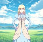  ahoge alternate_costume artoria_pendragon_(all) blonde_hair blue_sky casual cloud day fate/stay_night fate_(series) fateline_alpha field grassy green_eyes hair_between_eyes hands_on_hips highres juliet_sleeves long_hair long_sleeves mountain outdoors puffy_sleeves saber scenery sky smile solo wide_sleeves 