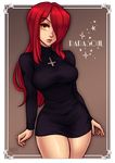  black_dress breasts character_name cowboy_shot cross cross_necklace dress eyebrows_visible_through_hair eyeshadow hair_over_one_eye iahfy jewelry lips long_hair long_sleeves makeup medium_breasts necklace parasoul_(skullgirls) red_hair short_dress skullgirls solo sweater sweater_dress thighs turtleneck yellow_eyes 