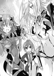  :d ass_visible_through_thighs bodysuit breasts breasts_apart character_request covered_navel date_a_live ellen_mira_mathers eyebrows_visible_through_hair floating_hair greyscale hair_between_eyes hand_on_hip high_ponytail jacket long_hair medium_breasts mole mole_under_eye monochrome multiple_girls necktie novel_illustration official_art open_mouth school_uniform shirt skirt smile standing sweatdrop takamiya_mana tsunako 