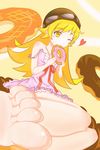  1girl artist_request barefoot blonde_hair donut dress eating feet food frilled_dress frills goggles goggles_on_head heart legs_together long_hair monogatari_(series) one_eye_closed oshino_shinobu pink_dress pov_feet simple_background sitting soles solo toes yellow_background yellow_eyes 