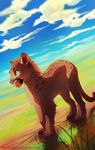  ambiguous_gender blue_eyes day digital_media_(artwork) feline feral grass mammal outside paws sky solo standing tamberella 