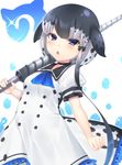  animal_ears bangs black_hair blue_eyes blush breasts commentary_request dress drillhorn_sword eyebrows_visible_through_hair frilled_dress frills grey_hair highres holding holding_weapon japari_symbol jiiwara kemono_friends looking_at_viewer multicolored_hair narwhal_(kemono_friends) open_mouth puffy_short_sleeves puffy_sleeves sailor_collar sailor_dress short_hair_with_long_locks short_sleeves small_breasts solo teeth two-tone_hair weapon white_dress 