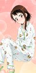  blush breasts brown_eyes brown_hair cleavage hands_together invisible_chair looking_at_viewer nisekoi onodera_kosaki short_hair_with_long_locks sidelocks sitting small_breasts solo white_pajamas 