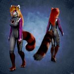  2017 animated anthro big_breasts black_nose blonde_hair blue_eyes breasts catherine_(alpha-wolf) clothing ear_tag female flash hair jumpsuit long_tail looking_at_viewer mammal multicolored_hair no_sound red_hair red_panda smile solo two_tone_hair uniform walk_cycle zorryn 