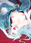  aqua_hair breasts collarbone dragon_horns fangs fate/grand_order fate_(series) horns japanese_clothes kimono kiyohime_(fate/grand_order) lamia large_breasts long_hair looking_at_viewer lying monster_girl nipples on_back open_mouth solo solopipb teeth tongue tongue_out yellow_eyes 