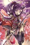  :o armor chain_chronicle fang field flower flower_field flower_request full_moon glint highres holding holding_weapon horn japanese_clothes long_hair looking_at_viewer moon naginata oni original petals polearm ponytail purple_eyes purple_hair running sandals sheath sheathed sidelocks solo sword tabi tassel teeth thick_eyebrows thighhighs v-shaped_eyebrows vambraces weapon wide_sleeves yoshimo_(yoshimo1516) 