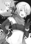  1girl :d bra chris_(konosuba) elbow_gloves eyebrows_visible_through_hair eyes_closed facial_scar gloves greyscale groin hand_on_hip highres kono_subarashii_sekai_ni_shukufuku_wo! midriff mishima_kurone monochrome navel novel_illustration official_art open_mouth scar scar_on_cheek scarf short_hair smile solo standing stomach strapless strapless_bra underwear upper_body 