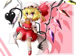  ascot blonde_hair chibi commentary_request dress fang flandre_scarlet floating goma_(gomasamune) hat highres laevatein looking_at_viewer mob_cap red_eyes red_footwear shadow shiny shiny_skin shoes short_sleeves smile socks solo touhou white_background wings 