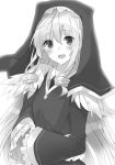  1girl :d blush collarbone dress eris_(konosuba) eyebrows_visible_through_hair floating_hair frilled_sleeves frills greyscale hair_between_eyes hood jewelry kono_subarashii_sekai_ni_shukufuku_wo! long_hair long_sleeves mishima_kurone monochrome necklace novel_illustration official_art open_mouth simple_background smile solo standing upper_body very_long_hair white_background 