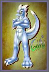  2015 anthro bheni blue_scales claws crossed_arms dragon eyewear featureless_crotch fur furred_dragon green_eyes hair horn looking_at_viewer male nude raised_tail scales scalie slit_pupils solo sunglasses tailzkim toe_claws white_fur white_hair 