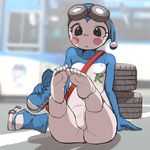  1girl artist_request barefoot blue_boots blush boots boots_removed character_request copyright_request feet goggles goggles_on_head pov_feet shoes_removed soles tagme tire toes 