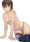  animal bare_shoulders black_legwear breasts brown_hair cleavage collarbone commentary_request fukazaki fundoshi japanese_clothes kaga_(kantai_collection) kantai_collection medium_breasts midriff navel octopus sarashi side_ponytail simple_background solo tattoo thighhighs translation_request underwear white_background 