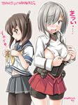  areola_slip areolae blue_eyes blush breasts brown_eyes brown_hair character_name corset cosplay costume_switch embarrassed eyebrows_visible_through_hair flat_chest grey_background grey_skirt hair_ornament hairclip hamakaze_(kantai_collection) headgear kantai_collection large_breasts long_sleeves multiple_girls navel neckerchief oversized_clothes pantyhose pleated_skirt red_skirt school_uniform serafuku short_sleeves silver_hair skirt taihou_(kantai_collection) tatsumi_ray thigh_strap translated twitter_username undersized_clothes yellow_neckwear 