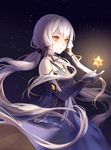  bangs bare_shoulders black_ribbon blue_dress blue_gloves cupping_hands dress elbow_gloves from_side gloves hair_ribbon hands_up long_hair low_quad_tails parted_lips quad_tails ribbon sky solo star_(sky) starry_sky upper_body vocaloid white_hair xingchen yellow_eyes zek_(zecola) 