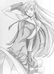  breasts choker code_geass derivative_work graphite_(medium) highres long_hair medium_breasts monochrome paper_texture shirley_fenette smile solo tarou_no_tsubuyaki thighs traditional_media wind wind_lift 