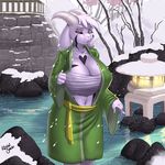  2017 anthro asriel_dreemurr breasts caprine claws cleavage clothed clothing crossgender female goat god_of_hyperdeath horn japanese_clothing kevinsano kimono mammal one_eye_closed snow solo undertale video_games water winter 