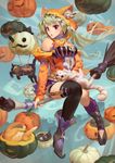  1girl animal_ears arm_support bangs bare_shoulders bent_knees black_thighhighs blonde_hair blurry boots breasts broom buildins cat_ears cats choker cleavage clouds colored_eyelashes day detached_sleeves eyelashes flying_broom halloween hat high_heels lamier long_hair long_hairt looking_at_viewer make_up medium_breasts open_mouth original pumpkin purple_eyes sitting sky solo surreal thighhighs thighs witch zettai_ryouiki 