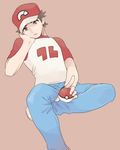  baseball_cap brown_eyes brown_hair crossed_legs denim grey_eyes hat holding holding_poke_ball jeans male_focus pants parted_lips poke_ball poke_ball_(generic) pokemon pokemon_(game) pokemon_sm pumpkinpan raglan_sleeves red_(pokemon) sexually_suggestive shirt simple_background sitting solo t-shirt 