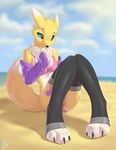  2017 anthro arm_warmers armwear beach bra clothing digimon female fur green_eyes legwear looking_at_viewer renamon rysonanthrodog sand sea seaside solo stockings underwear water yellow_fur 