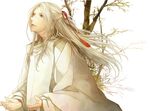  green_eyes japanese_clothes kiun_(noragami) leaf long_hair male_focus mitsu7621 noragami scar simple_background solo teeth tree white_background white_hair 