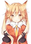  animal_ears blonde_hair bow bowtie buttons commentary_request eyebrows_visible_through_hair ezo_red_fox_(kemono_friends) fox_ears fur_trim gloves heart highres kemono_friends long_hair necktie shiino_sera solo twintails yellow_eyes 