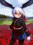  :&gt; arms_at_sides bald_eagle_(kemono_friends) belt bird_tail bird_wings black_jacket black_legwear blazer blonde_hair blue_skirt blue_sky blurry buttons clenched_hands cloud cloudy_sky cowboy_shot day depth_of_field dot_nose eyelashes field floating_hair flower flower_field gloves grass hair_between_eyes head_wings highres jacket kemono_friends long_hair long_sleeves looking_at_viewer military military_jacket military_uniform mountain multicolored_hair outdoors pantyhose pleated_skirt pocket red_flower red_hair skirt sky smile solo tail tree treeware tsurime uniform white_belt white_gloves white_hair wind wings yellow_eyes 