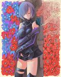  1girl ajino_motoko arm_at_side armor back-to-back bangs bare_shoulders black_gloves black_legwear black_leotard blue_flower boots breasts bug butterfly closed_eyes closed_mouth cowboy_shot detached_sleeves elbow_gloves fate/grand_order fate_(series) faulds flower gloves hair_over_one_eye halterneck happy high_ponytail highres holding_arm impossible_clothes insect iron_cross leotard light_particles light_smile mash_kyrielight medium_breasts ponytail purple_hair red_flower romani_archaman short_hair signature sleeve_cuffs smile solo_focus standing thigh_boots thigh_strap thighhighs thighs turtleneck vambraces wings 