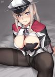  absurdres black_gloves black_legwear blonde_hair blue_eyes blush breasts capelet enosan gloves graf_zeppelin_(kantai_collection) gusset hat highres jacket kantai_collection large_breasts long_hair md5_mismatch military military_uniform panties panties_under_pantyhose pantyhose peaked_cap sidelocks smile solo thighband_pantyhose twintails underwear uniform white_jacket 