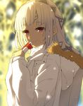  altera_(fate) bangs blurry blush closed_mouth commentary_request depth_of_field eyebrows_visible_through_hair fate/extella fate/extra fate/grand_order fate_(series) from_side fur_coat gift hands_up highres holding holding_gift light_smile long_hair looking_at_viewer red_eyes shiime smile snow solo sweet_crystal upper_body white_hair 