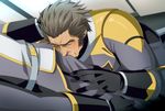  2boys bara blush brown_hair bulge crank_zent crotch facial_hair gloves gundam gundam_tekketsu_no_orphans hand_on_head male_focus multiple_boys tagme yaoi 