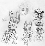  2016 animatronic anthro avian bib bird black_and_white bonnie_(fnaf) bow_tie buckteeth chica_(fnaf) chicken duo english_text female five_nights_at_freddy&#039;s guitar inkyfrog lagomorph machine male mammal monochrome musical_instrument playing_guitar playing_music rabbit robot simple_background sketch sketch_page teeth text traditional_media_(artwork) video_games white_background 