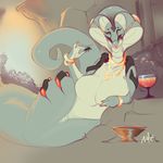  4_eyes alcohol beverage big_breasts breasts cobra featureless_breasts female huge_breasts multi_eye naga nite reptile scalie sketch slightly_chubby smile snake solo wide_hips wine 