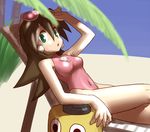  breasts brown_hair earrings hair_slicked_back jewelry kobun muu_(mumumer) rockman rockman_dash short_hair small_breasts swimsuit tron_bonne 