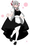  alternate_costume apron dress fujiwara_no_mokou highres long_hair looking_at_viewer maid maid_apron maid_headdress pantyhose silver_hair solo takeu touhou very_long_hair white_legwear 