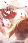  ahoge battle blonde_hair braid breasts clarent fate/apocrypha fate_(series) foreshortening french_braid green_eyes highres long_hair medium_breasts mordred_(fate) mordred_(fate)_(all) multiple_girls nollxmai open_mouth shouting sword teeth underboob watermark weapon web_address wind 