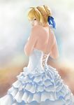  ahoge artoria_pendragon_(all) back backless_dress backless_outfit bare_shoulders blonde_hair braid dress fate/stay_night fate_(series) french_braid from_behind green_eyes highres looking_at_viewer looking_back pleated_dress saber short_hair shoulder_blades snowflakes solo strapless strapless_dress white_dress xiao_qigai_luoke 