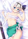  ahoge aosuke_(ayakawa_akito) bare_shoulders bed_sheet bespectacled black_hairband blue_eyes blush breasts collarbone frilled_skirt frills from_above glasses hair_ribbon hairband hips hitodama konpaku_youmu konpaku_youmu_(ghost) looking_at_viewer lying medium_breasts midriff miniskirt navel no_panties no_shirt on_back pout red-framed_eyewear ribbon sarashi scabbard semi-rimless_eyewear sheath silver_hair skirt solo thighs touhou transparent underboob undone_sarashi 