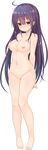  :o ahoge arms_behind_back barefoot blush breasts full_body greatmosu highres large_breasts long_hair natsuiro_koi_uta navel nipples no_pussy nose_blush nude official_art purple_hair shiny shiny_skin suwa_shion transparent_background yellow_eyes 