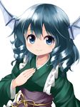  blue_eyes blue_hair collarbone drill_hair green_kimono hand_on_own_chest head_fins japanese_clothes kimono mermaid monster_girl obi ruu_(tksymkw) sash simple_background smile solo touhou wakasagihime white_background 