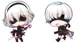  1girl black_dress black_hairband blindfold boots chibi cleavage_cutout dress feather-trimmed_sleeves gloves hairband long_sleeves mole mole_under_mouth nier_(series) nier_automata sebychu short_hair silver_hair sword thigh_boots thighhighs weapon white_hair yorha_no._2_type_b yorha_no._9_type_s 